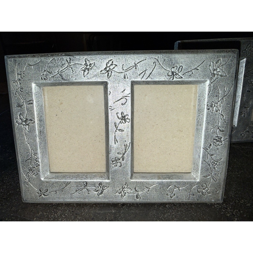 2 Vintage 1999 Burnes of Boston Peweter Frame Floral Fits Two Photos 2.5" x 3.5" - Picture 2 of 8